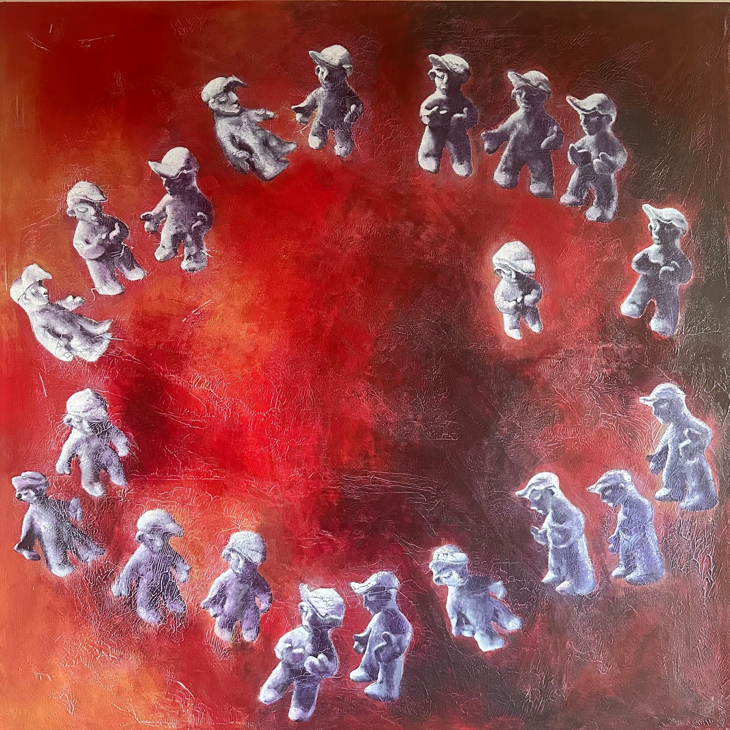 Explanations, original acrylic painting by Tanja Gammeljord, depicting repeated figures engaged in an inner dialogue.