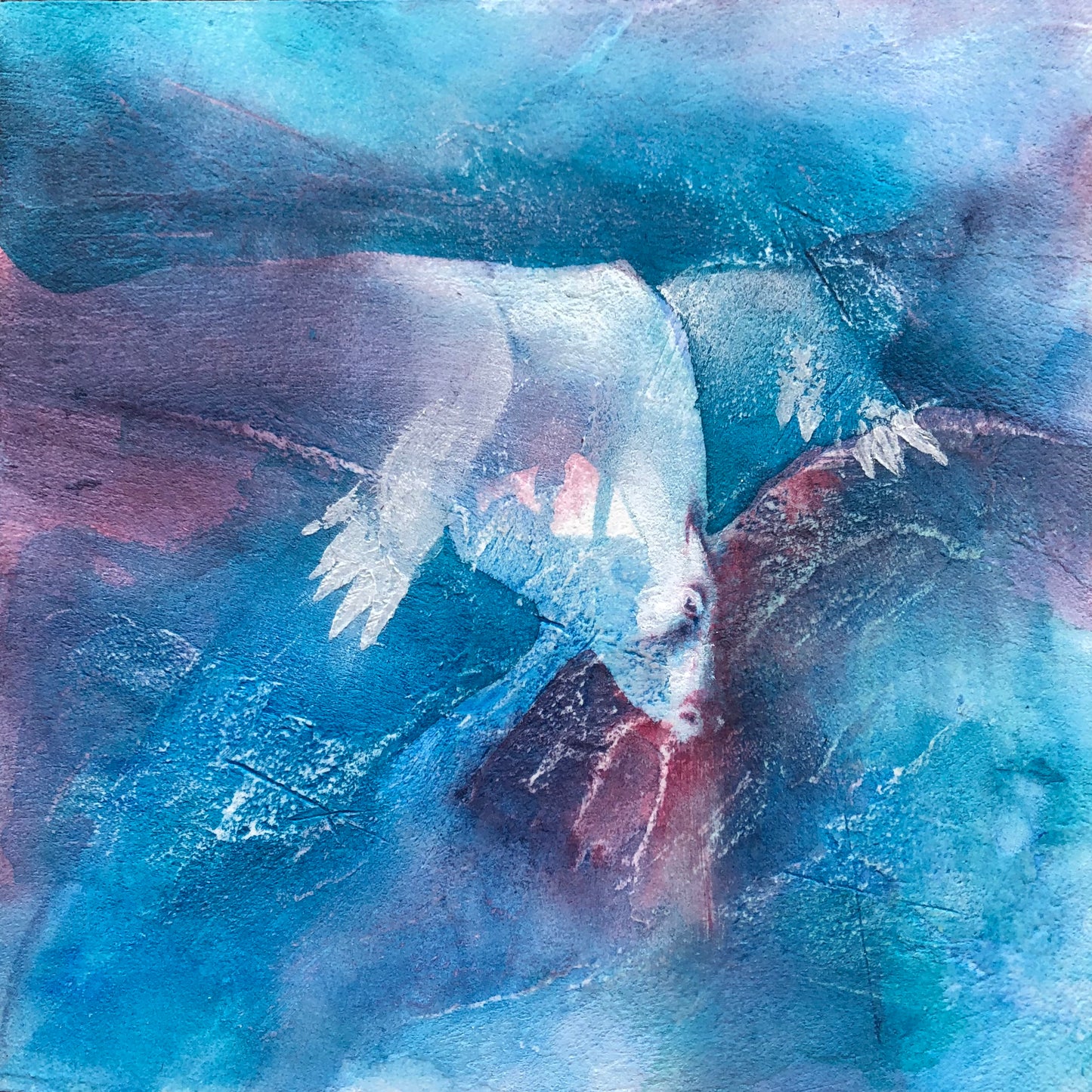 The Thirst, original acrylic painting by Danish artist Tanja Gammeljord, depicting a winged figure reaching toward the water in blue and violet tones.