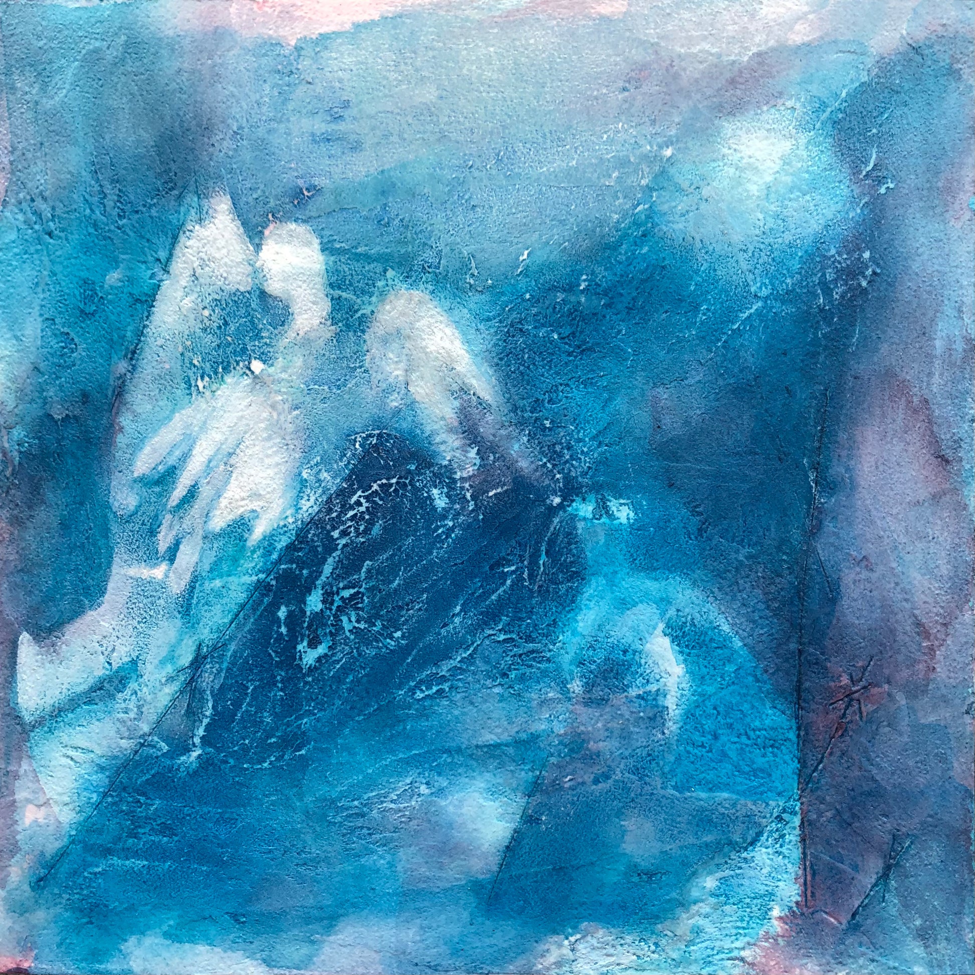 Angel’s Kiss, original acrylic painting by Tanja Gammeljord, depicting two figures meeting within a layered blue surface.